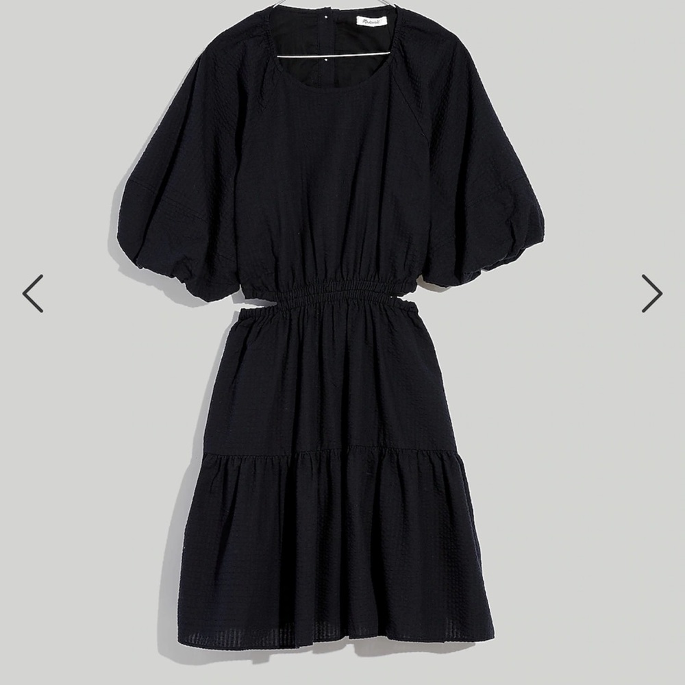 Madewell Seersucker Puff-Sleeve Cutout Mini Dress Black M
